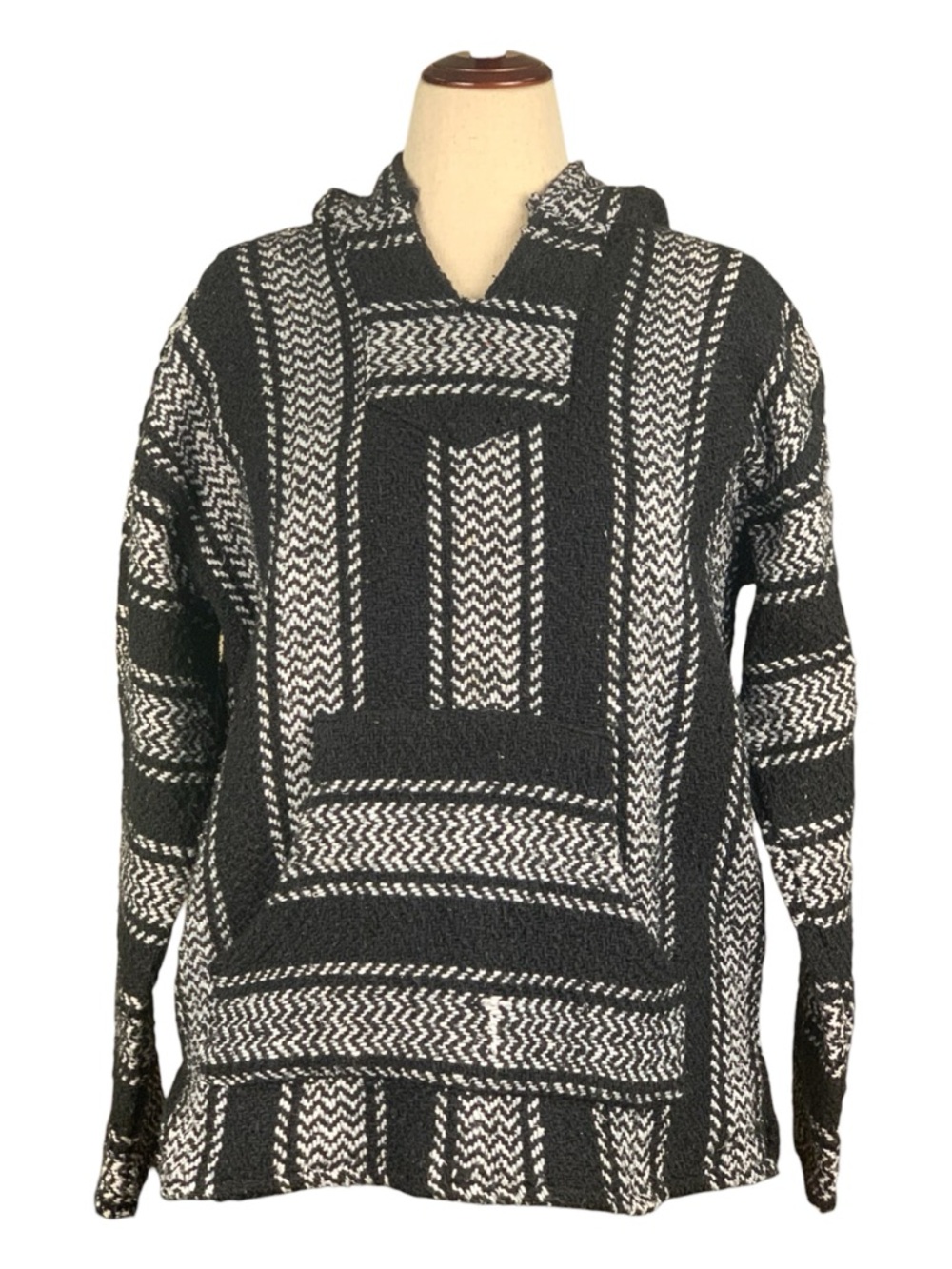 Baja Joe Woven Mexican Boho Hooded Poncho Black White Pull Over Hippie Small